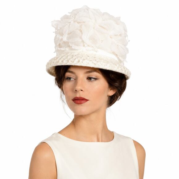 Vintage 50s White Chiffon Floral Brim Hat Union Label Formal main image 5